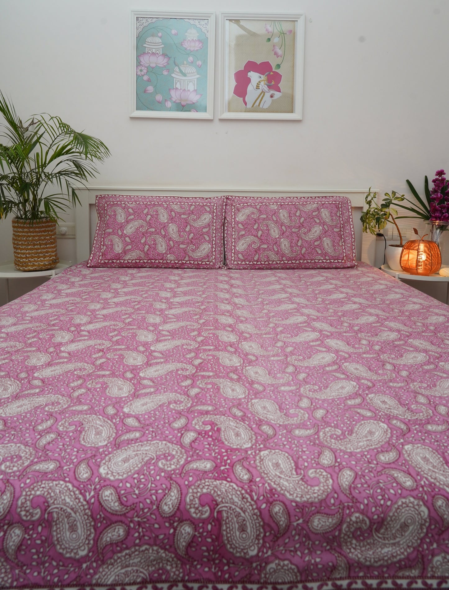Cherry Blossom- Pink & White King Size 100% Cotton Handblock Print Bedsheet