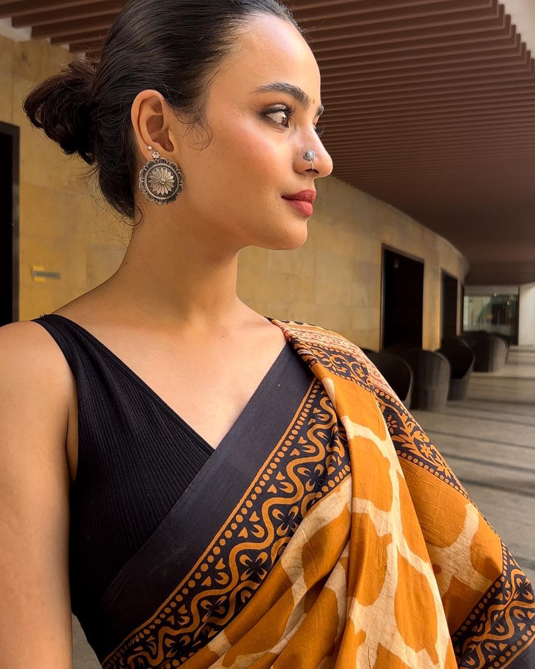 Pastel Orange Mul Cotton Handblock Saree