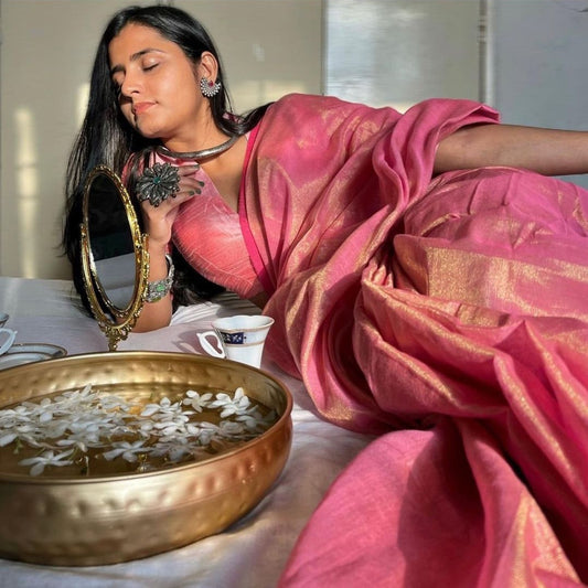Pink and Golden Cotton Tissue Saree