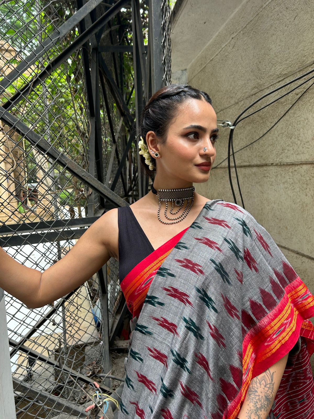 Grey Black and Cherry Red Sambalpuri Cotton Ikkat Saree