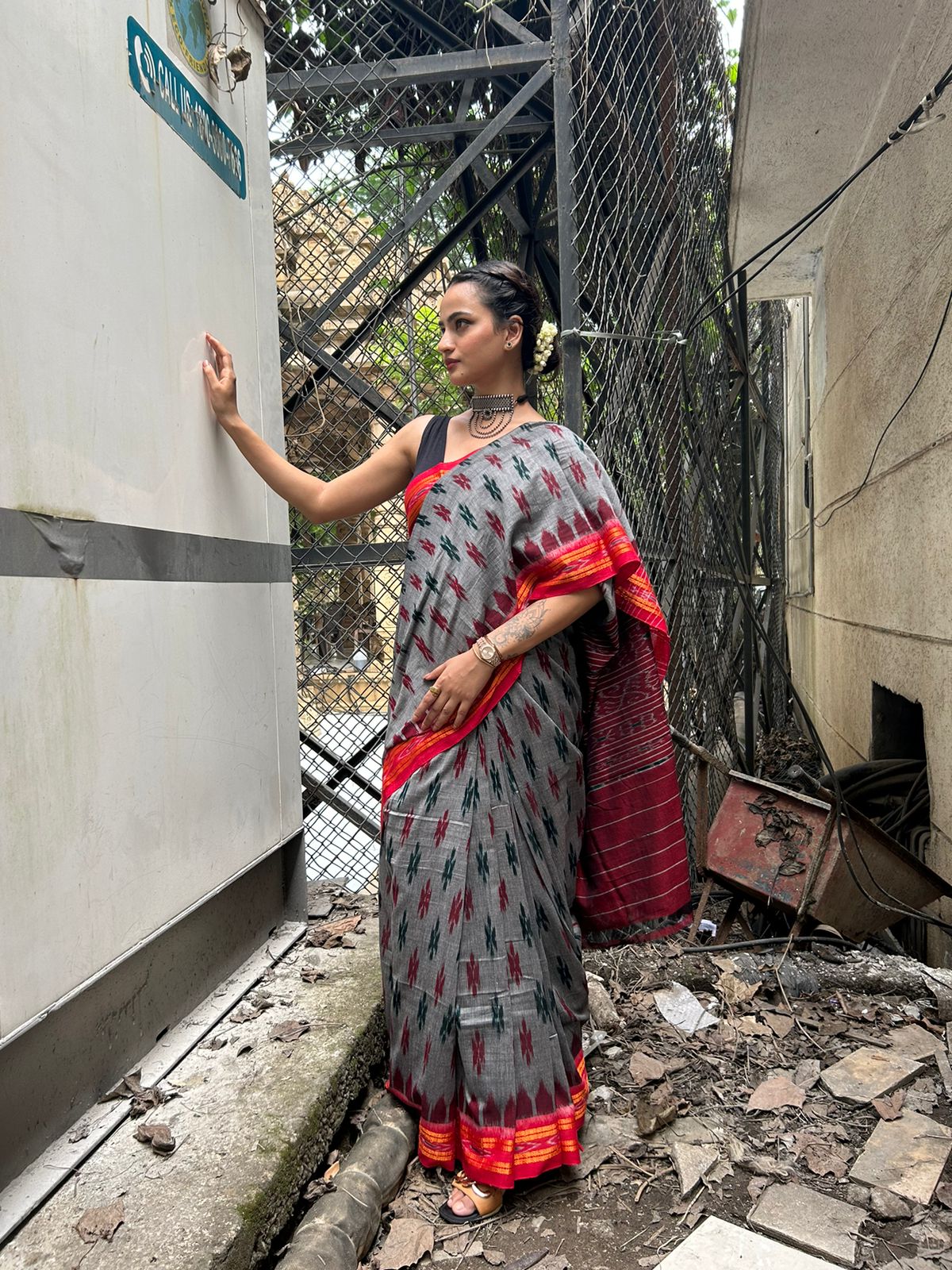 Grey Black and Cherry Red Sambalpuri Cotton Ikkat Saree