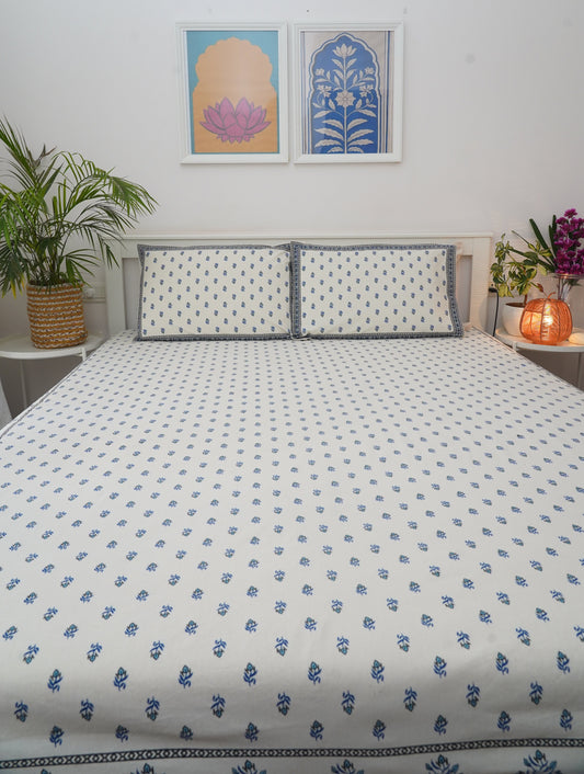 Miniature Buti- White & Blue King Size 100% Cotton Handblock Print Bedsheet